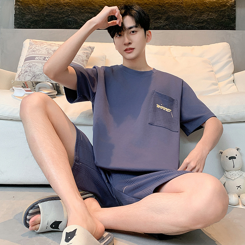 Summer short sleeved pure cotton pajamas shorts casual home wear for men