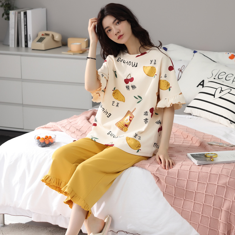 Summer pure cotton pajamas sweet casual short sleeved home clothes two-piece set
