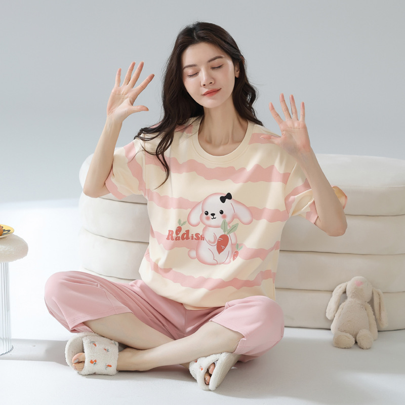 Women's Summer Cotton Pajama Set with Chest Pad, Short Sleeve Three-Quarter Pants, Cartoon Cute Homewear