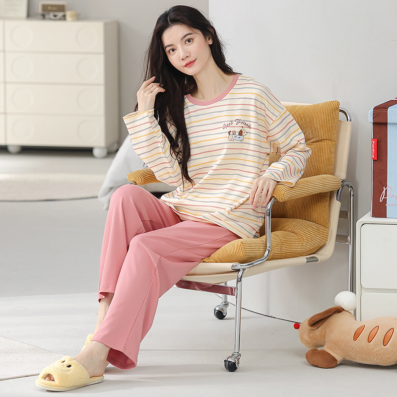 Long sleeved pure cotton sleepwear, women's cute long pants, casual round neck home suit set