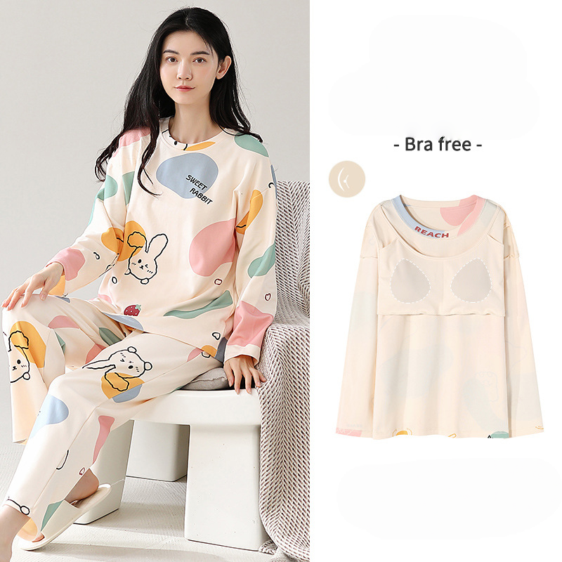 Autumn pure cotton long sleeved casual outerwear with thick round neck for home wear