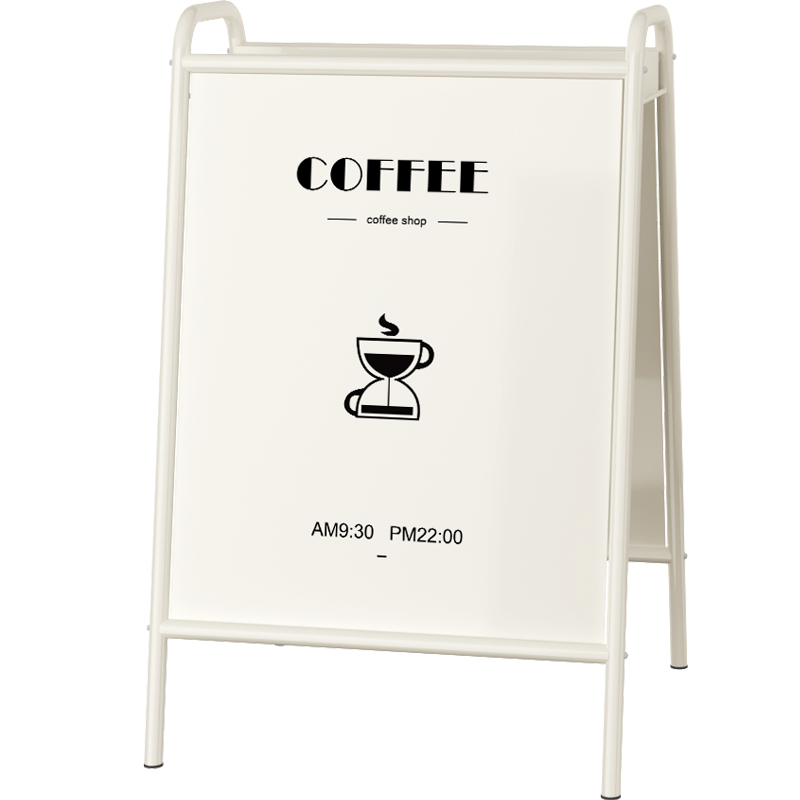 Pedestrian path sign - Metal advertising board displayed at the entrance of the coffee shop