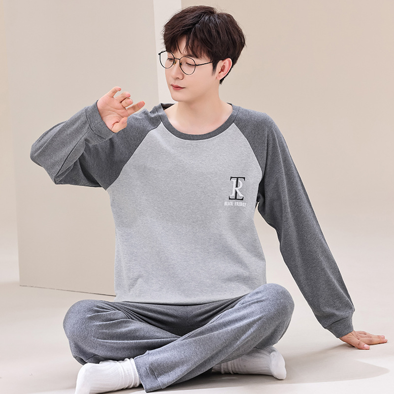 Long-sleeved pure cotton pajama set for men/teenagers casual, Koreanstyle loose fit homeweartwopiece