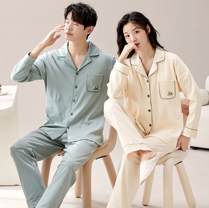 Long-sleeved longlegged cardigan casual pajama set for couples pure cotton high-end feel home wear