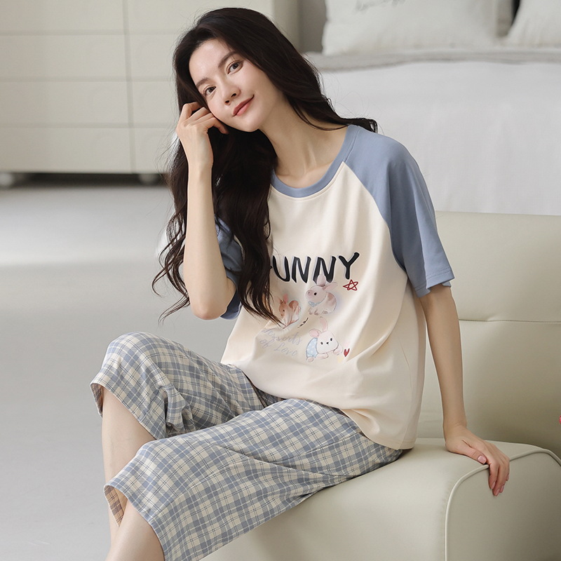 7-Inch-Leg Pajama Pants Women's Pure CottonHooded Cartoon-Themed Young Girl Casual Home Wear Set