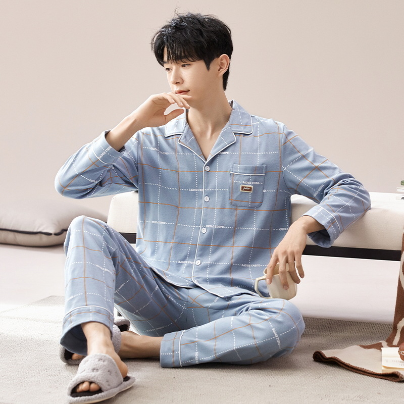Long-sleeved pure cotton casual home wear two-piece set for young adults and middle-aged men