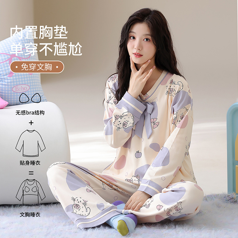 Pure cotton long-sleeved round-neck casual outdoor homewear women's set