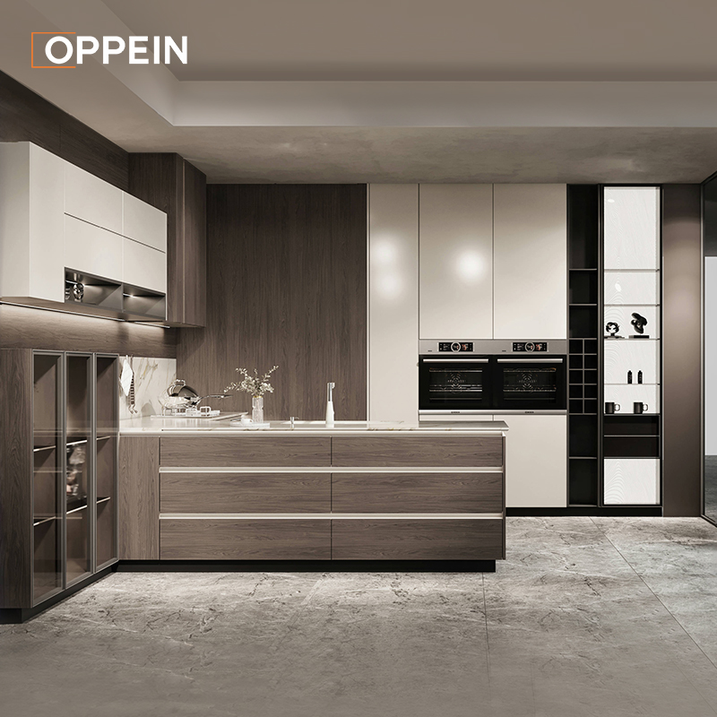 OPPEIN E0 L Shape Melamine Modern Kitchen Cabinets