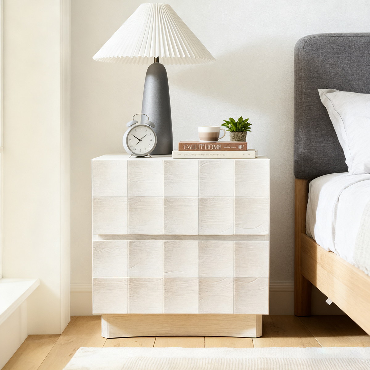 Modern White Textured 2 Drawer Nightstand