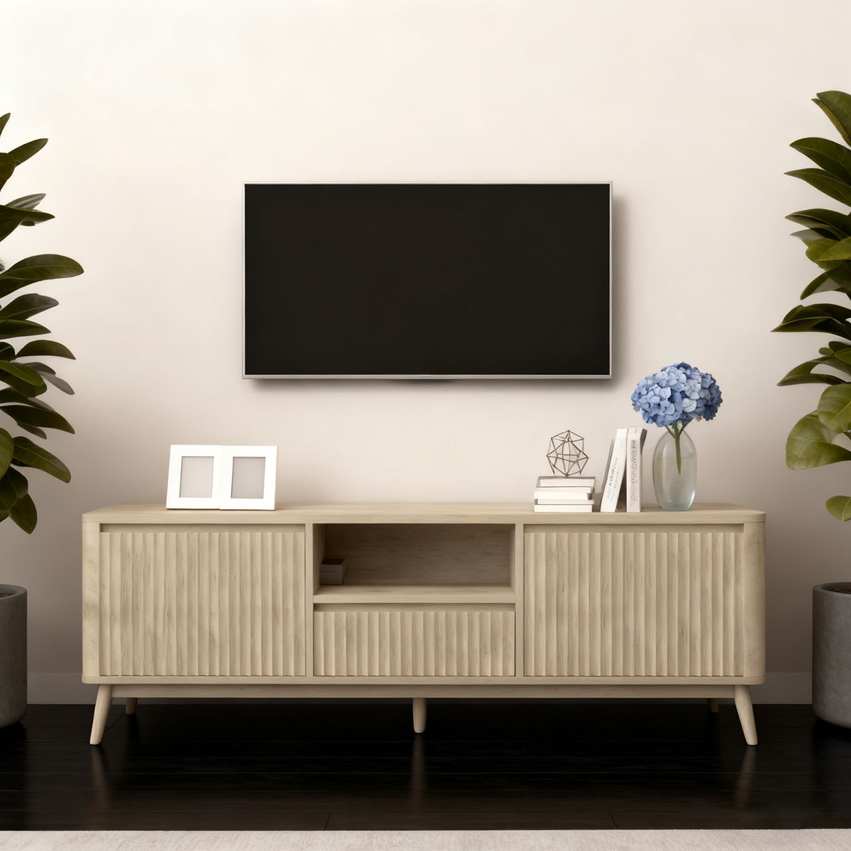 Modern Light Wood TV Stand with Fluted Textured Details and Mixed Storage