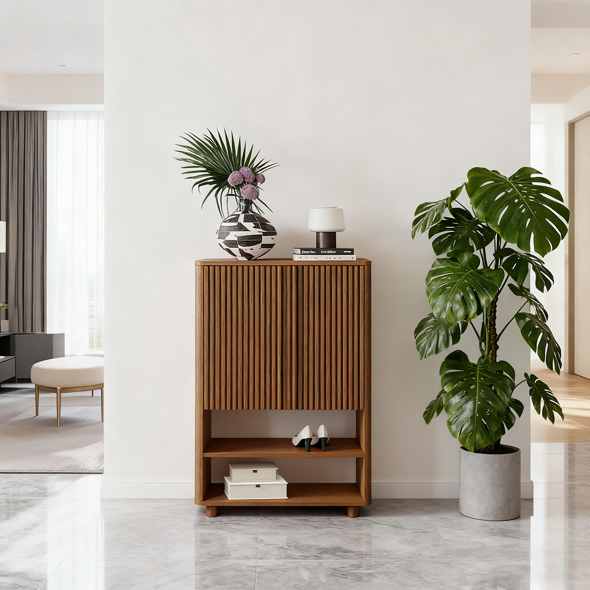 Modern Wooden Storage Cabinet with Fluted Textured Doors and Open Shelving