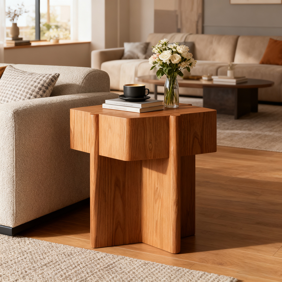 Modern Wooden Side Table with Geometric Block Design