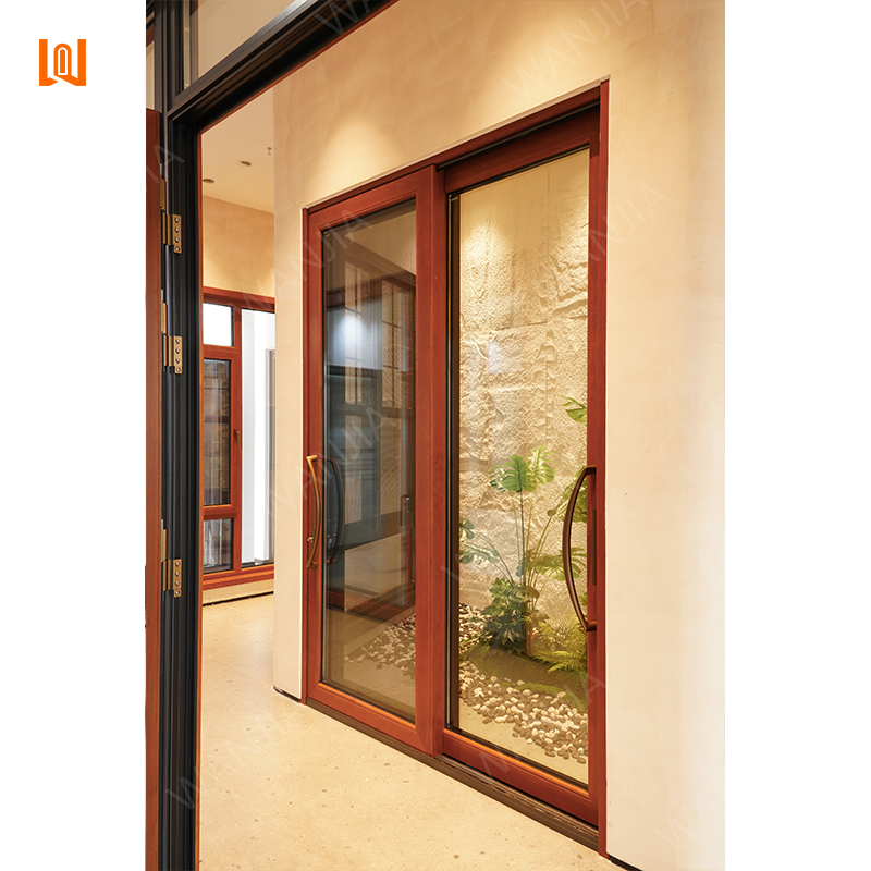 WANJIA Thermal Break Aluminum Wood Glass Sliding Door Interior Sliding Door Aluminium Clad Door