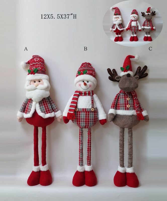 Red Gray Plaid Collection Standing Santa Snowman Moose With Extendable legs Christmas Decoration