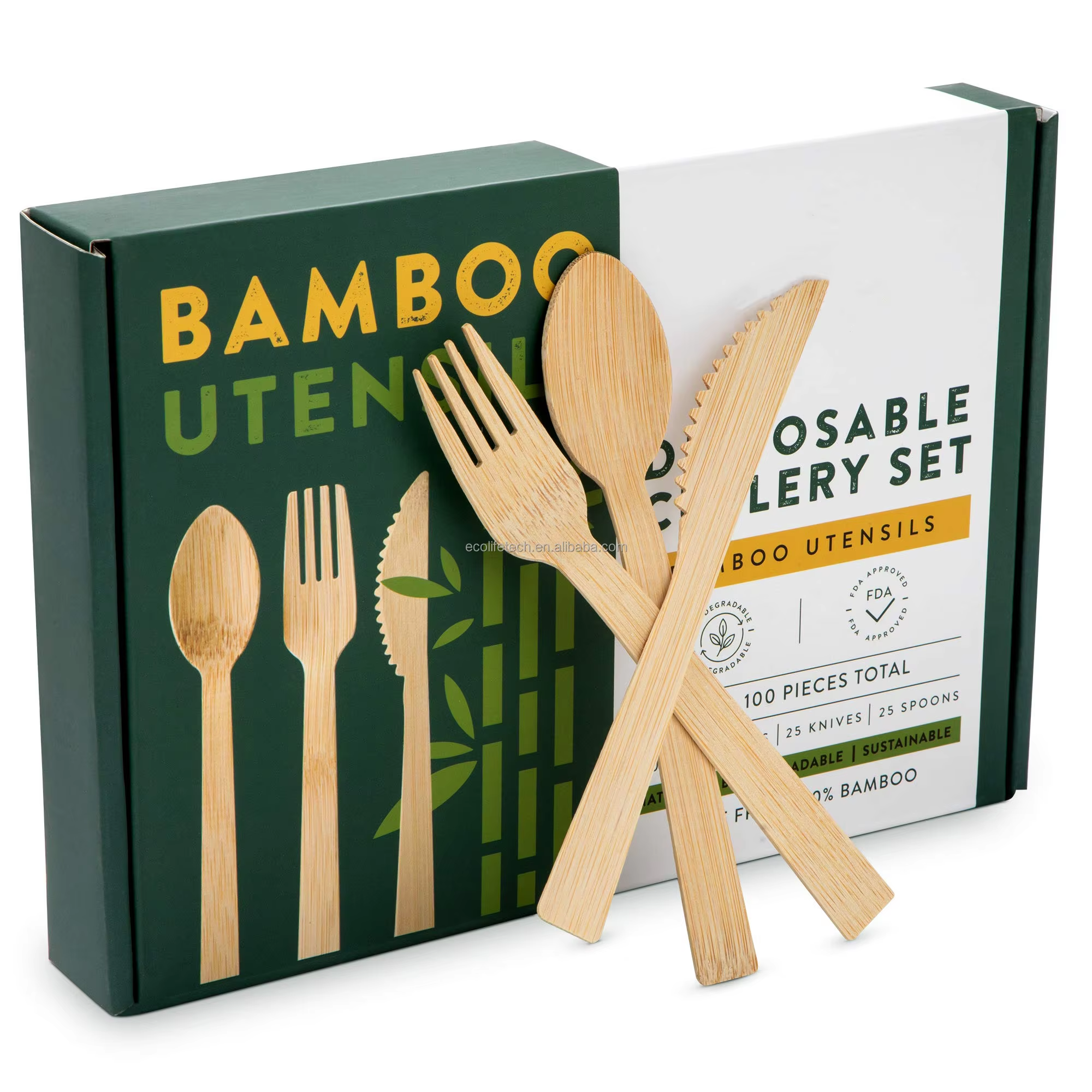 ECOLIFE 170mm Bamboo Cutlery Wholesale 100% Natural Foodgrade Bamboo Cutlery Disposable Set Luxury