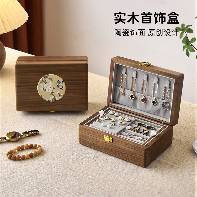 Solid wood jewelry storage box, high-end ceramic luxury lockable box for rings and earrings