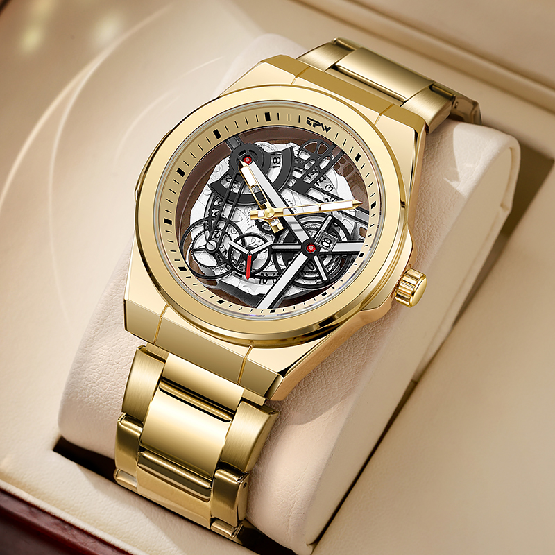 TPW K5129 Luxury Stainless Steel Analog Luminous Waterproof Skeleton Quartz Wrist Watch for Men