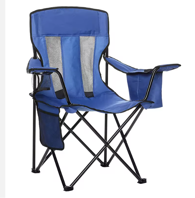 Fold Chair Portable Folding Camping Chair With 4-Can Cooler, Side Pocket and Cup Holder