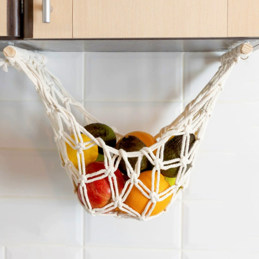 Handwoven， handmade, boho, fruit hammocks, kitchen storage decor