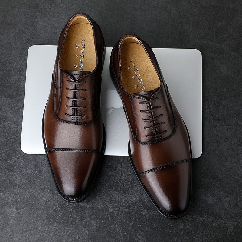 Genuine Leather Mens Dress Shoes Business Formal English Style Oxford Shoes With Wooden Sole