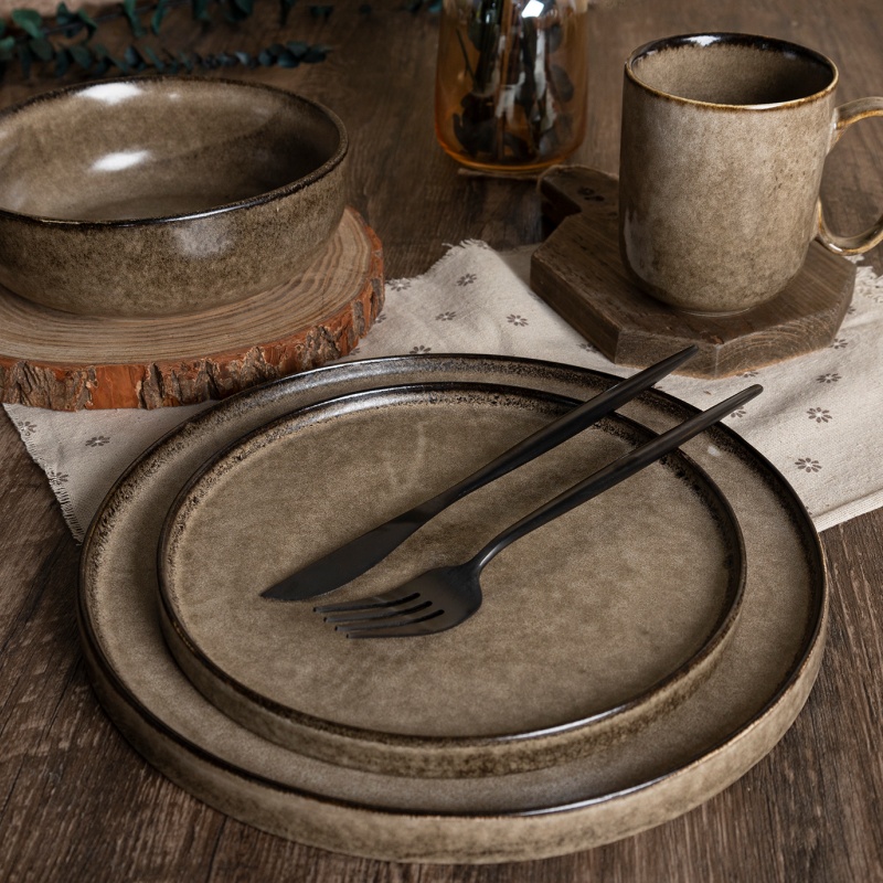 New Flat-Bottomed Aged Reactive Glaze Stoneware Classic Aged Craft with Flat-Bottom Design