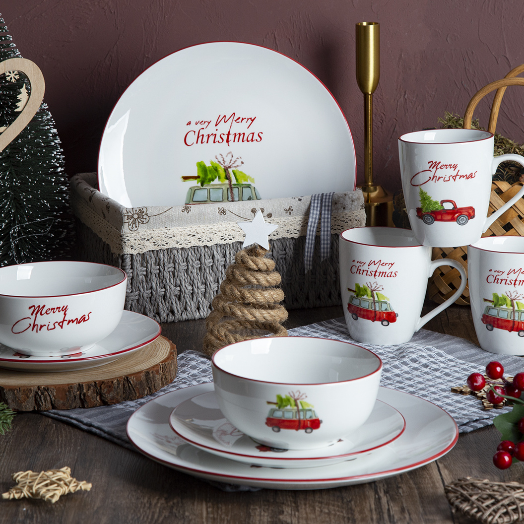 HappyGo 16-Piece Ceramic Plates with Decal for Christmas Day Use Porcelain Dinnerware Set Supplier