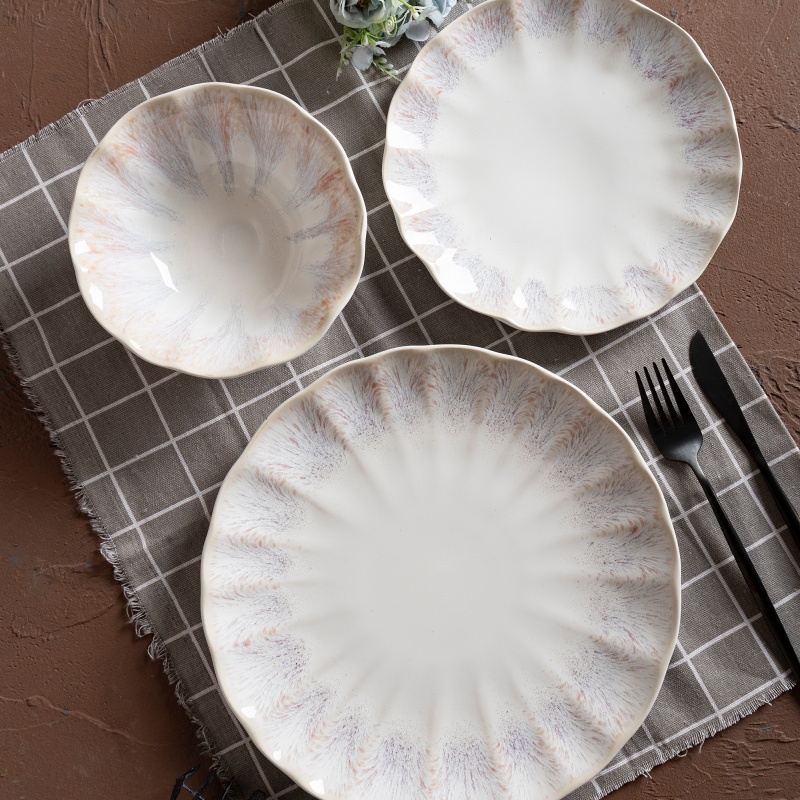 Lotus Edge Reactive Glaze Stoneware Tableware Handmade Nordic Natural Style