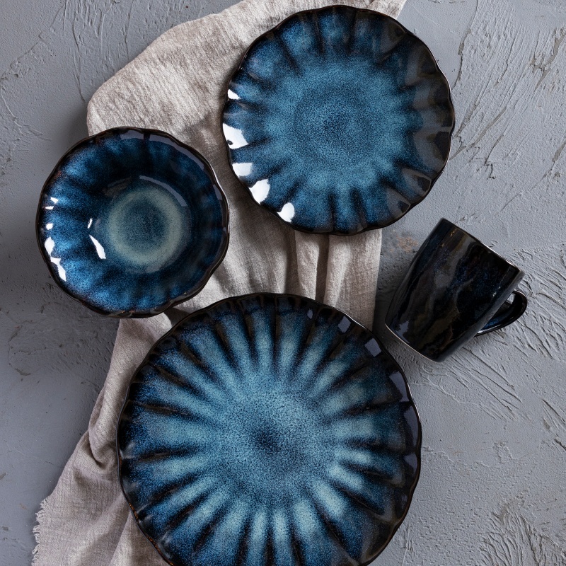 Lotus Edge Blue Reactive Glaze Stoneware Dinner Set Handmade Nordic Minimalist Style