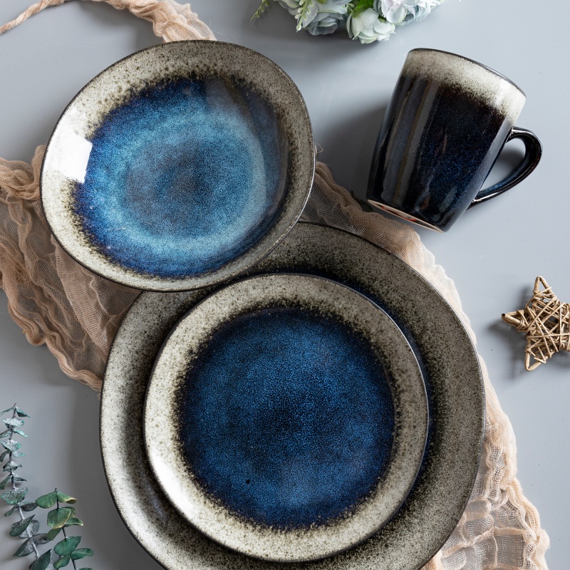 Two-Tone Reactive Glaze Stoneware Dinner Set Creative Handmade Nordic Style