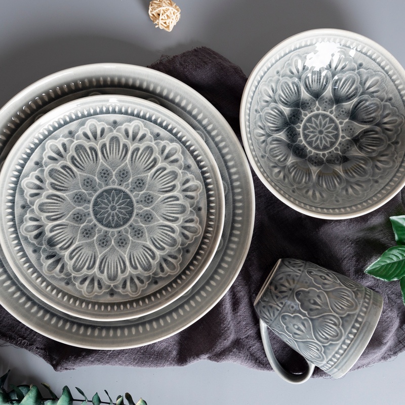 Grey Reactive Glaze Stoneware Dinner Set Handmade Nordic Minimalist Style