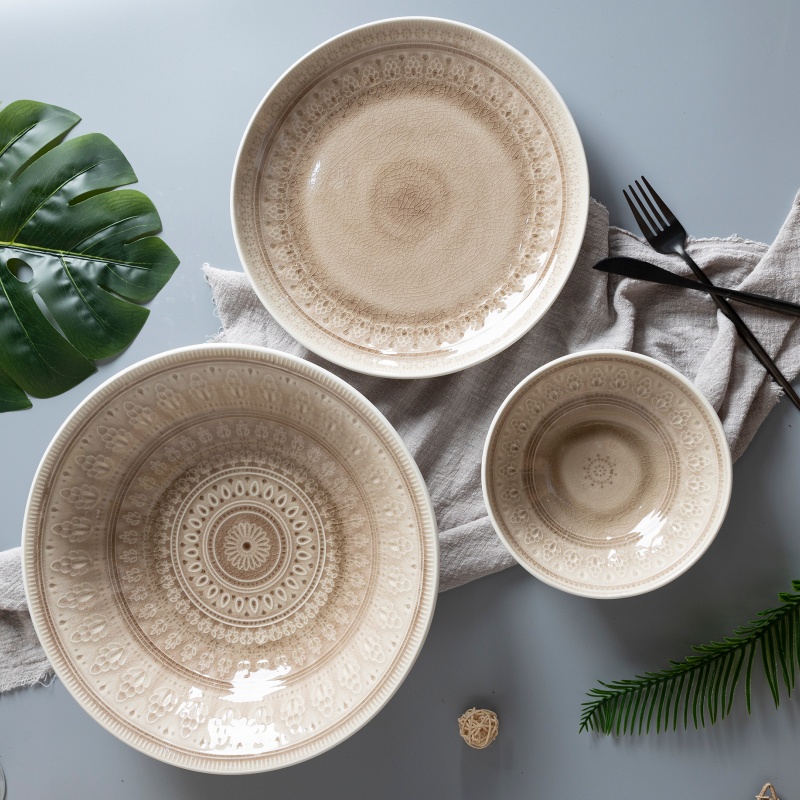 Brown Reactive Glaze Stoneware Dinner Set Vintage Handmade Natural Style