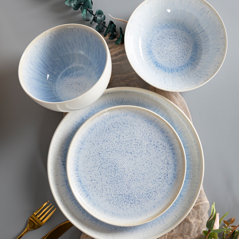 Light Blue Reactive Glaze Stoneware Dinner Set Handmade Nordic Fresh Style