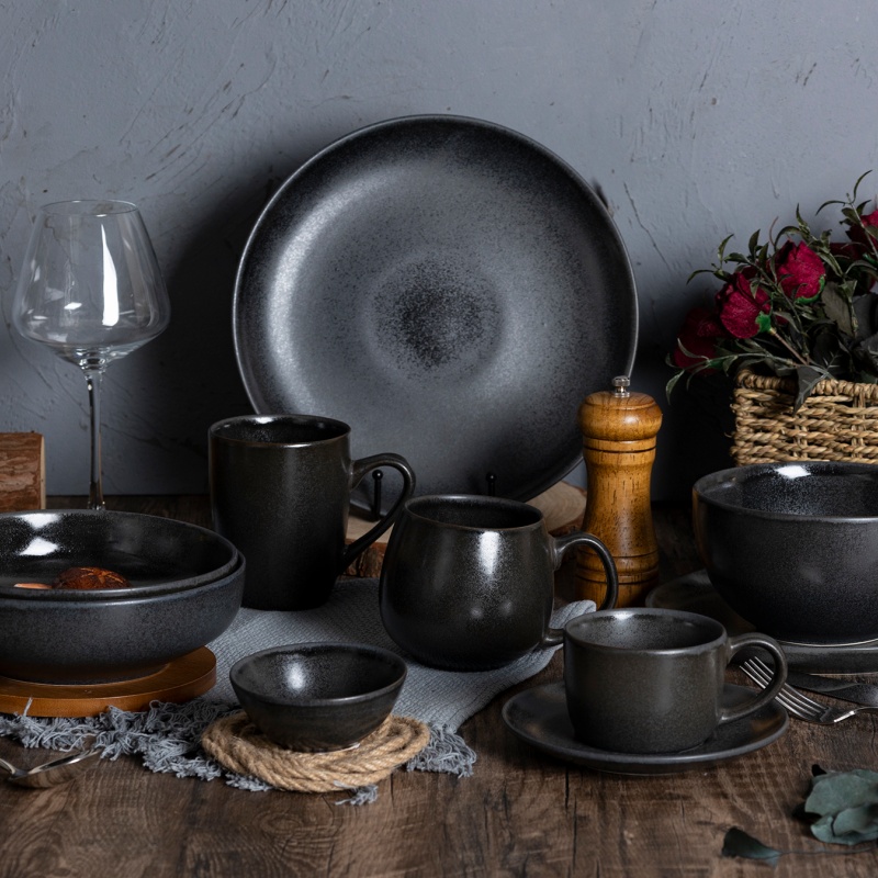 Black Reactive Glaze Stoneware Dinner Set Handmade Nordic Minimalist Style