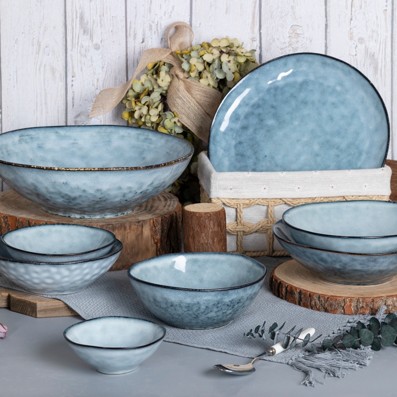 Blue Reactive Glaze Stoneware Dinner Set Regular and Irregular Shape Combination