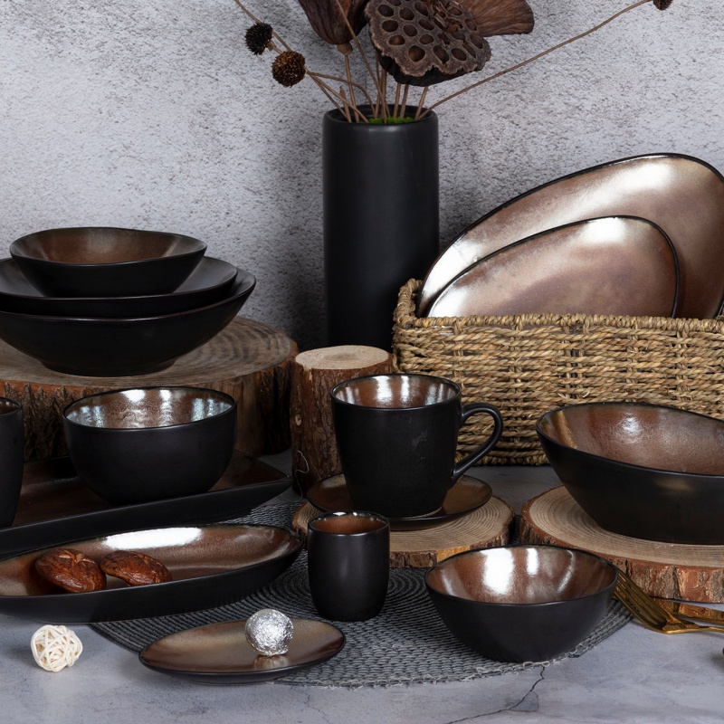 Black Exterior with Metallic Glaze Interior Stoneware Dinner Set Modern Elegant Design