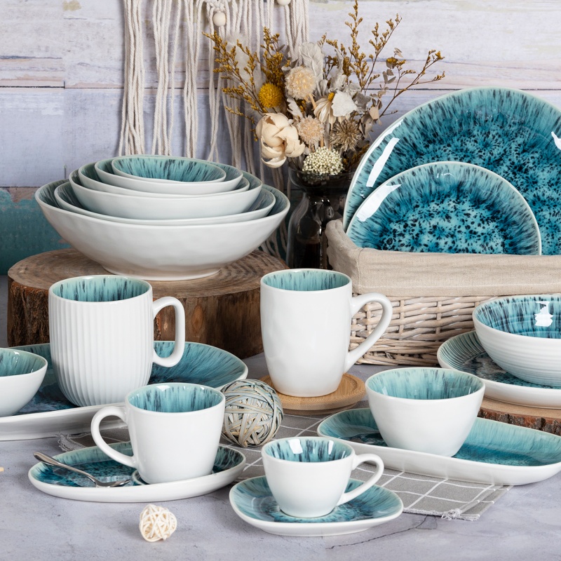 Blue Crackle Glaze Stoneware Dinner Set Handmade Artistic Tableware Design