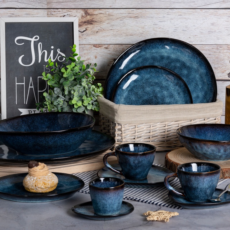 Gem Blue Reactive Glaze Stoneware Dinner Set Handmade Artistic Tableware Collection