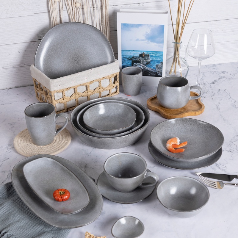 Matte Grey Reactive Glaze Stoneware Dinner Set Handmade Minimalist Tableware