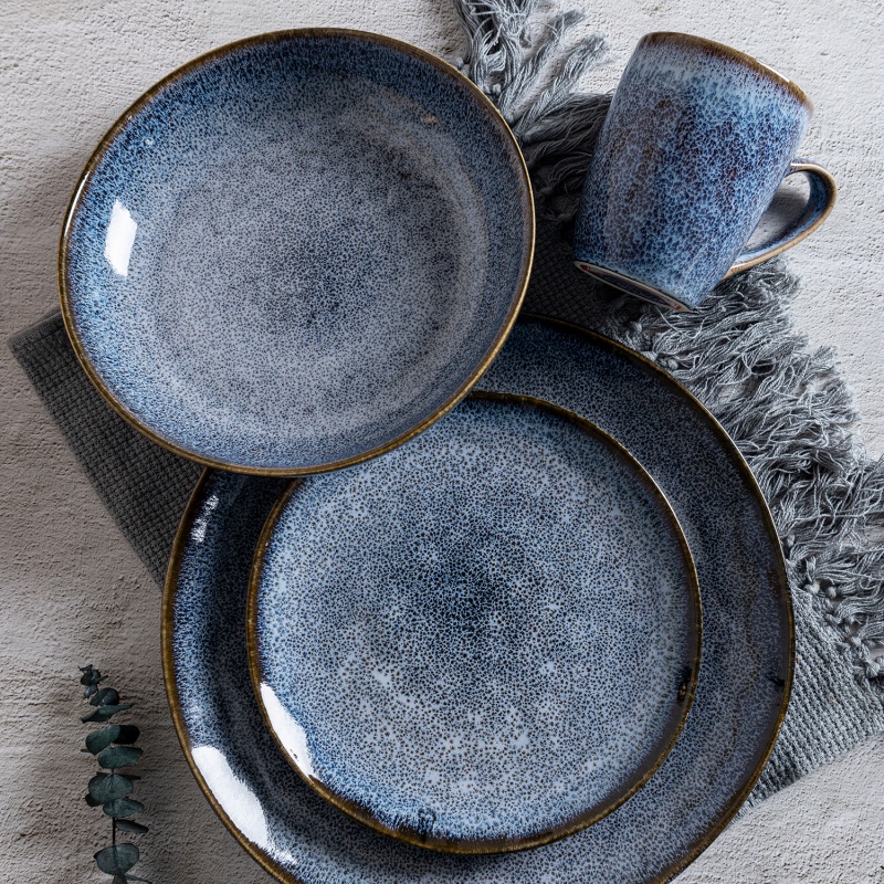 Glossy Blue Embossed Reactive Glaze Stoneware Dinner Set Handmade Artistic Design