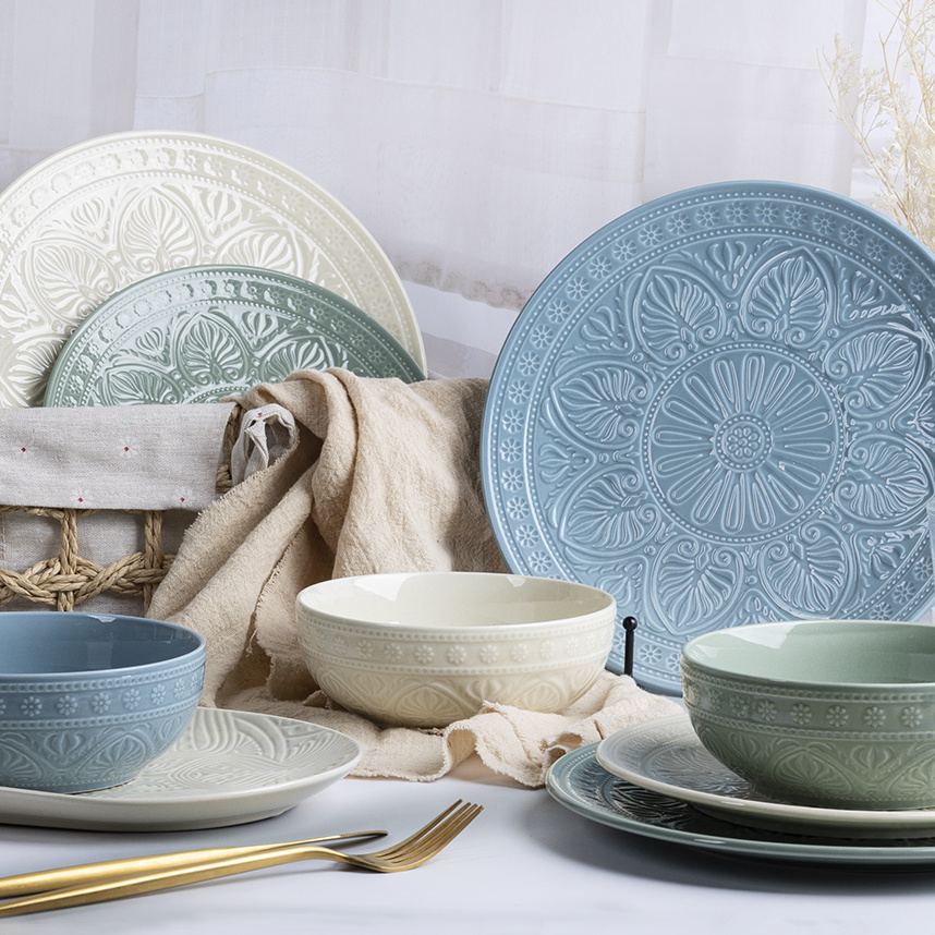 Porcelain Dinnerware Sets 12pcs to 24pcs White Blue Green Color Relief Glaze Embossment Dinner Plate