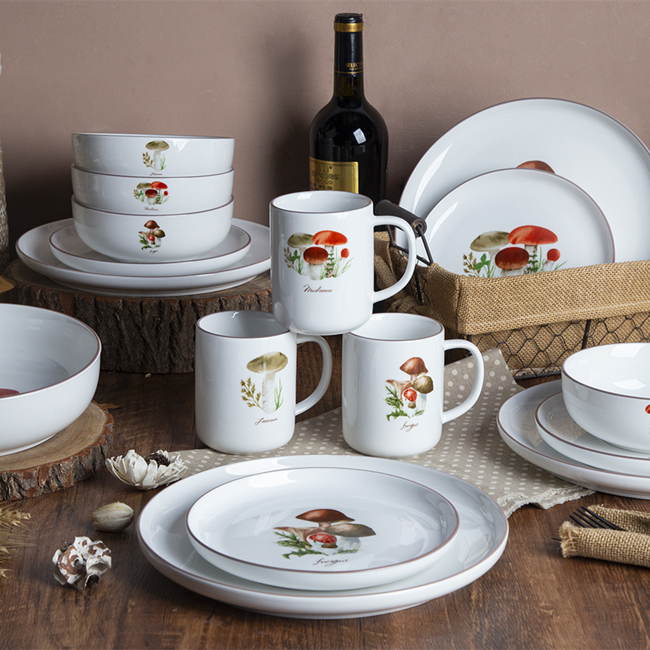 16PCS/18PCS/20PCS Porcelain Tableware Cartoon Style Ceramic Dishes Plates Mushroom Decal Daily Use