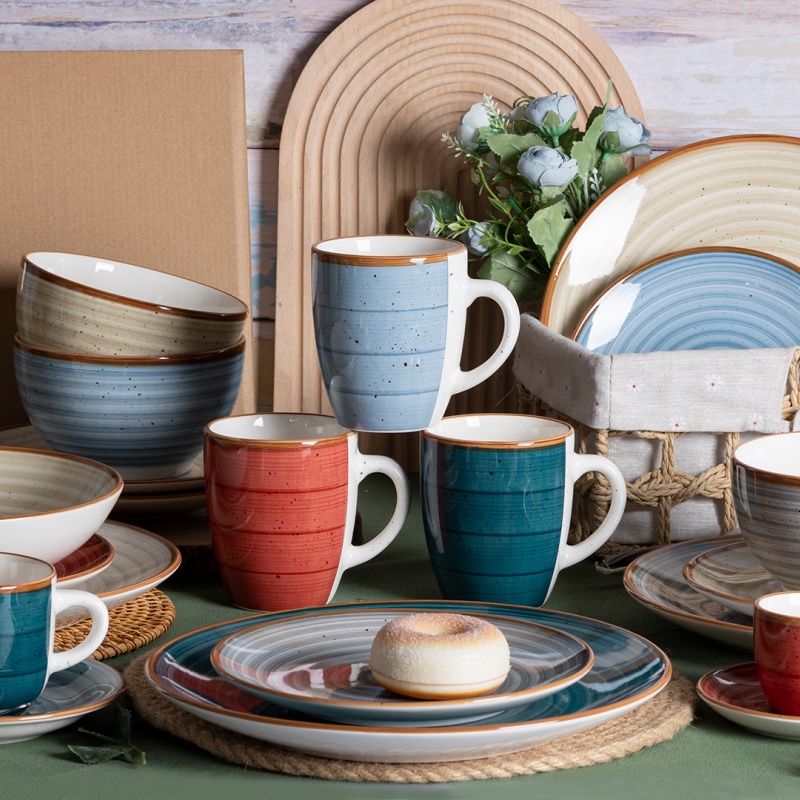 16-Piece 6 Colors Hand Painting Earthenware Dinner Set with Speckles Gift Box Pack
