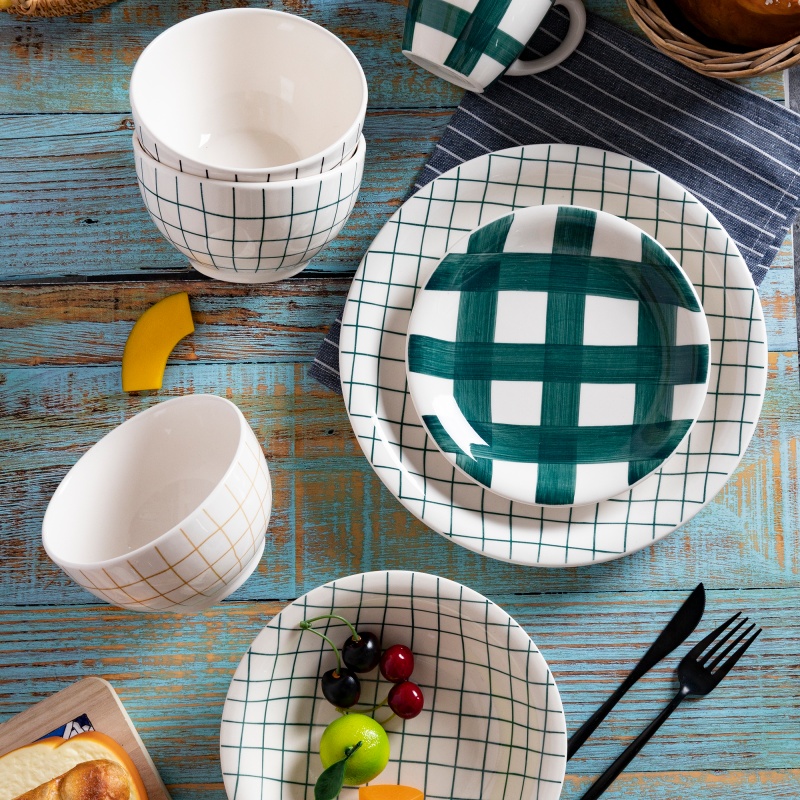 20-Piece Hand Painting Earthenware Dinner Set with Plaid Prints Gift Box Pack