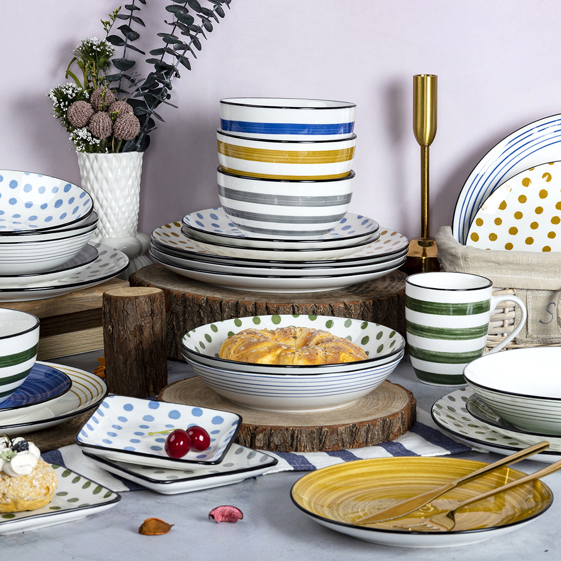 Ceramic Porcelain Dishes with Polka - Dot Printed Dinnerware 18 Pcs with Plate and Soup Bowl