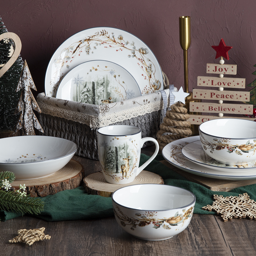 Christmas Creative Porcelain 16PCS Dinner Sets with Elk&Nutcracker Decal Decoration Holiday Ceramic