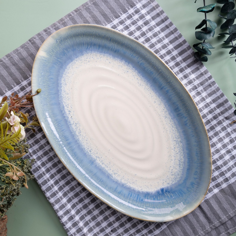 HAPPY GO 34.5cm Ceramic Oval Plate Reactive Glaze Elegant Tableware for Dining