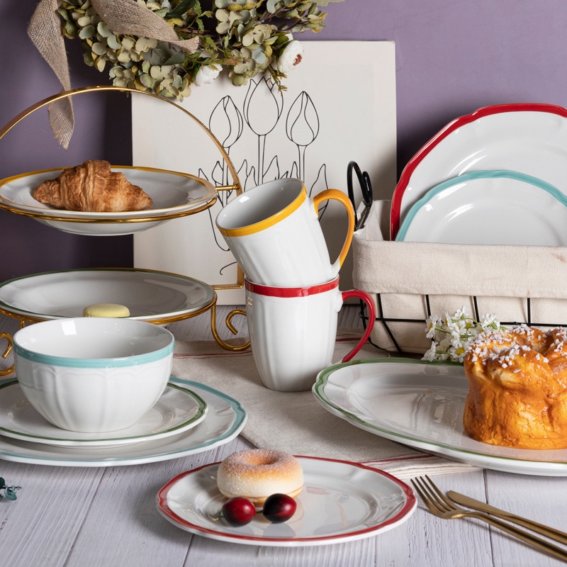 White Porcelain Dinnerware with Lotus Embossed Pattern and Wide Glossy Colored Rim