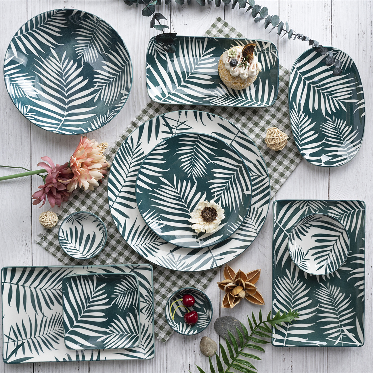 Printed Porcelain Natural Element Plates Set Irregular Shapes Combination Tableware Ceramic Dishes