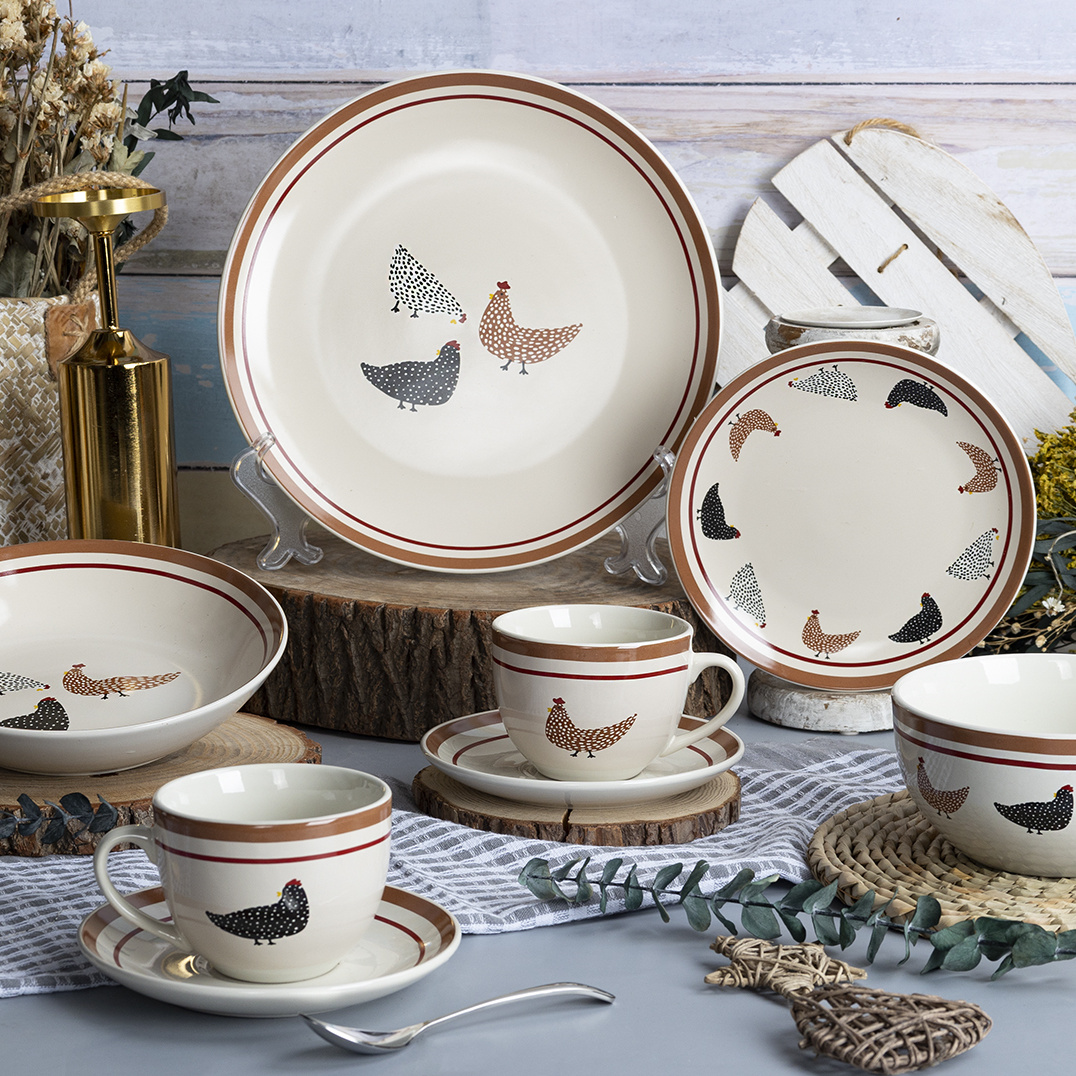 Easter-Chicken Pattern Stoneware Dinner Plate Sets Colored Glaze Decal 18-pieces Tableware Ceramics