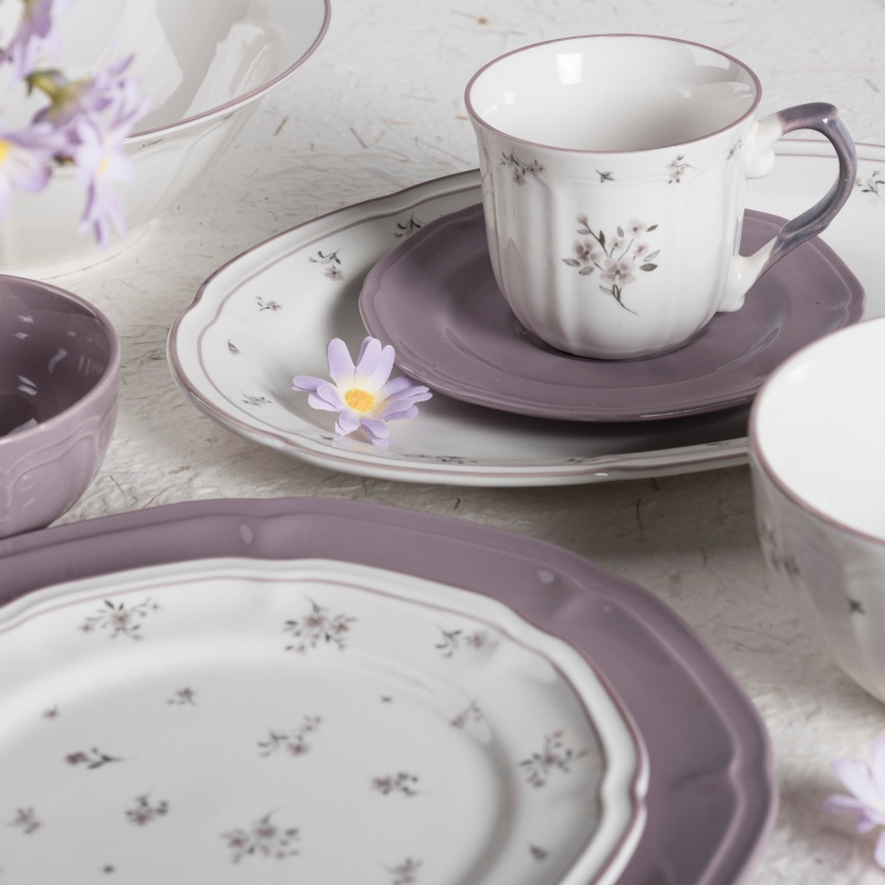 8oz White Porcelain Cup & Saucer Set with Flora Embossed Design, Decal & Colored Glaze (Dia15.6cm)